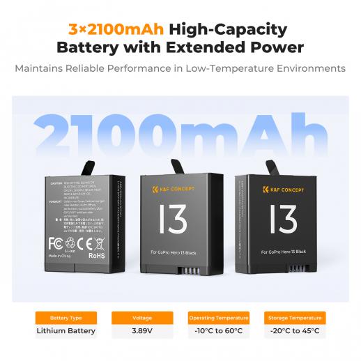 K&F Concept Hero 13 Battery, 3-Pack Enduro Hero13 Batteries and Upgraded Fast Charger Compatible with GoPro Hero 13 Black Camera K&F Concept Hero 13 Battery, 3-Pack Enduro Hero13 Batteries and Upgraded Fast Charger Compatible with GoPro Hero 13 Black Camera